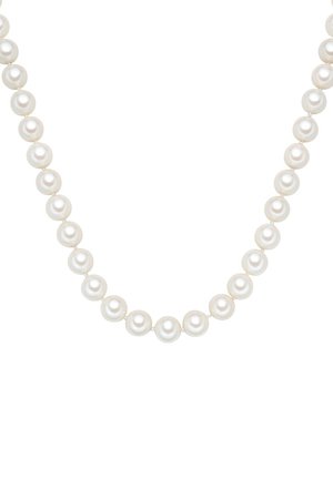 Pearl necklace featuring a symmetrical arrangement of smooth, round, white pearls with a subtle sheen, strung together on a clear nylon thread.
