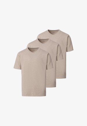 Three beige short-sleeve crew neck t-shirts stacked, plain design, no visible logos or patterns, displayed on white background.