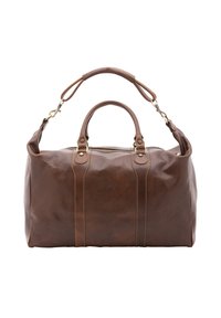 Bruine leren sporttas met dubbele handvatten en een verstelbare schouderband, met zichtbare stiksels en een ritsluiting. Duurzame textuur.