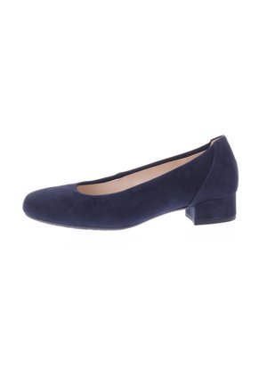 Navy blue suede ballet flat with a rounded toe, low block heel, and a smooth texture. Simple design with no visible patterns or accents.