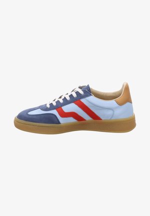 Blue and light blue sneaker with red accents, suede and leather materials, rubber sole, and white laces. Rounded toe and low-top design.