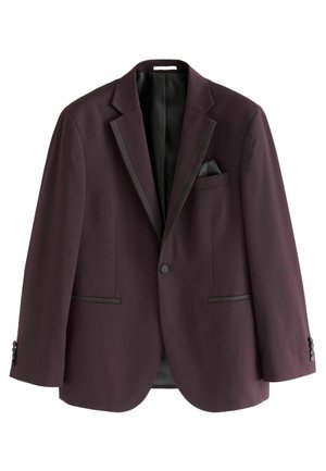 Burgundy blazer med sorte satinlapeller, to forlommer, en brystlomme med accentstof og knapmanchetter. Glat tekstur.