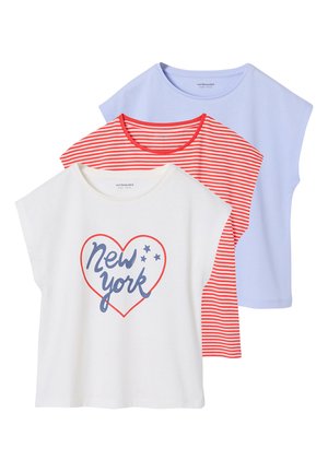 Three girls' short sleeve t-shirts in white with "New York" heart print, red and white stripes, and solid light blue colors.