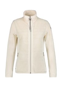 Veste en polaire couleur crème avec des panneaux avant texturés, fermeture éclair intégrale, col montant et poches latérales zippées.