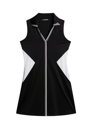 Czarna sukienka bez rękawów z trójkątnymi blokami kolorów w bieli i czerni. Posiada dekolt w kształcie litery V oraz białe paski akcentujące wzdłuż listwy guzikowej.