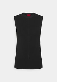 Haut noir en maille sans manches avec encolure ronde et texture côtelée verticale subtile, présenté sur un fond gris clair neutre.