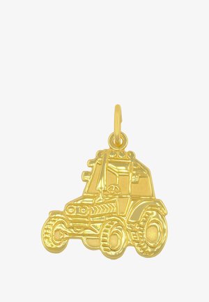 Ciondolo a forma di trattore dorato, con incisioni dettagliate, incluse le ruote e i contorni della cabina, con una finitura lucida e un anello per il collegamento.