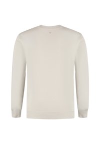 Beiger langärmliger Rundhals-Pullover mit gerippten Bündchen und Saum, von hinten gezeigt mit einem kleinen dreieckigen Logo in der Nähe des Halsausschnitts.
