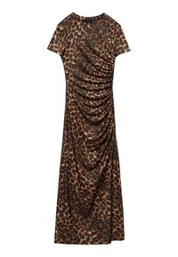 Robe midi à manches courtes imprimé léopard avec des détails froncés plissés sur le côté droit et un col rond.