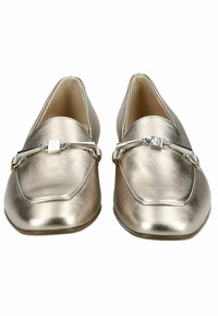 Metallic bronze loafers with a squared toe, a silver accent hardware across the front, and smooth leather texture.