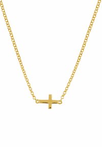 Collar de cadena de oro con un pequeño colgante de cruz horizontal pulido. La cadena está compuesta por eslabones circulares interconectados.