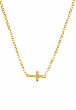 Collar de cadena de oro con un pequeño colgante de cruz horizontal pulido. La cadena está compuesta por eslabones circulares interconectados.