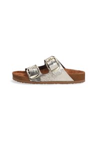 Metallic silver slide sandal with two adjustable buckles, a textured finish, and a brown, cushioned footbed and sole.