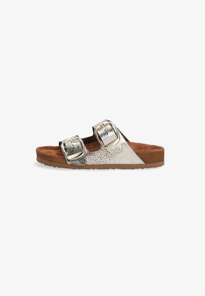 Metallic silver slide sandal with two adjustable buckles, a textured finish, and a brown, cushioned footbed and sole.