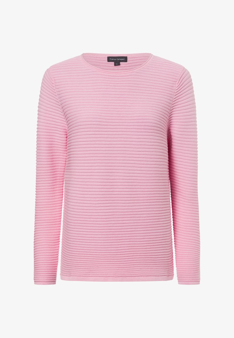 Rosa Langarmoberteil mit gerippter Textur, runder Halslinie und lockerer Passform. Verfügt über ein eingenähtes Etikett am Hals.