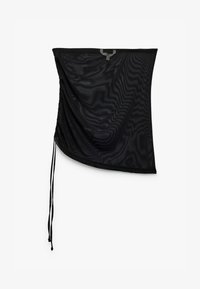 Gaiter de cuello negro de malla traslúcida con cordón ajustable a un lado y un pequeño lazo de tela gris en el borde superior.