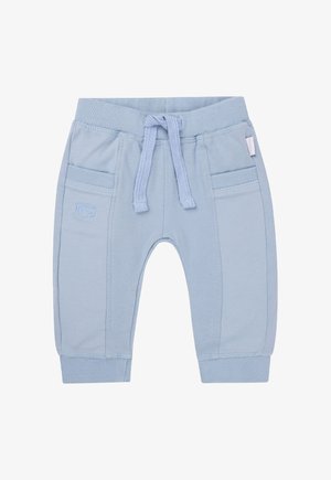 Light blue sweatpants made from soft cotton, featuring a drawstring waist, ribbed cuffs, and two side pockets. Emblazoned logo detail.