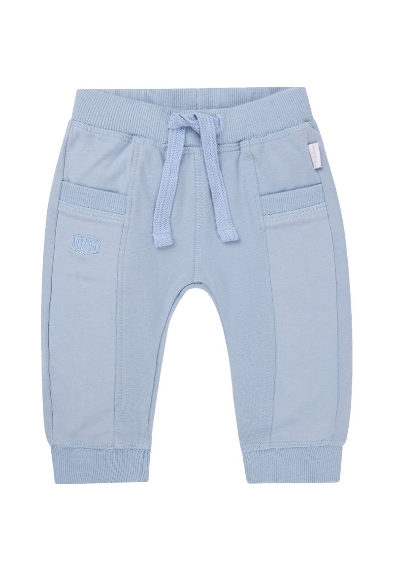 Lichtblauwe sweatpants van zachte katoen, met een trekkoord in de taille, ribgebreide boorden en twee zijzakken. Voorzien van een opdruk van het logo.