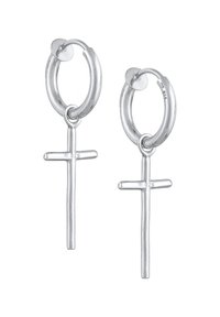 Silberne Creolen mit einem hängenden Kreuzanhänger. Das Kreuz hat ein einfaches, gerades Design mit hochglanzpolierter Oberfläche. Mit 925 gestempelt.