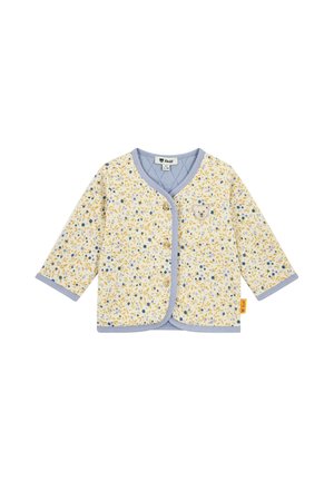 Long-sleeve baby jacket with yellow and blue floral print, blue trim, button closure, and small embroidered teddy bear on the chest.