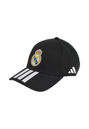 Schwarze Baseballkappe mit Real Madrid-Logo vorne, drei weißen Streifen am Schirm und Adidas-Logo an der Seite.