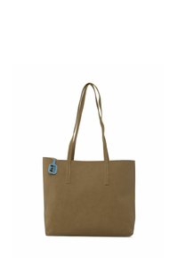 Geantă tote maro, realizată din material sintetic texturat, având două mânere lungi și un mic etichetă albastră atașată. Design simplu, rectangular.