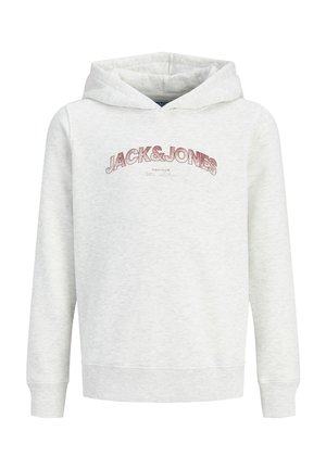 Jasnoszara bluza z kapturem i długimi rękawami, z czerwonym napisem „JACK & JONES” na klatce piersiowej.