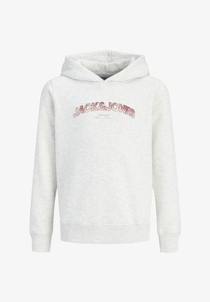 Sweat à capuche gris clair à manches longues avec « JACK & JONES » imprimé en rouge sur la poitrine.
