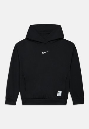Sweat à capuche Nike noir avec une poche kangourou, des poignets côtelés et un logo blanc sur la poitrine. Tissu lisse avec un design classique et décontracté.