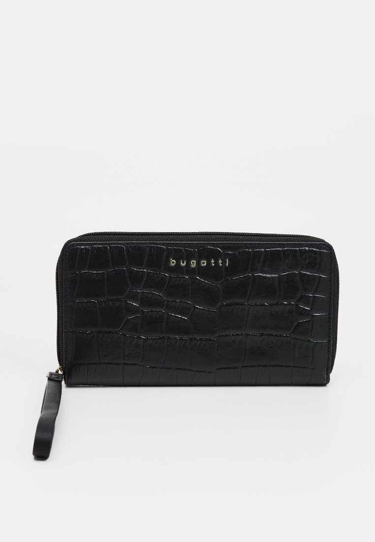 Schwarze Kunstlederbörse mit Krokodiltextur, Reißverschluss und Handgelenkriemen. Verfügt über ein goldenes "Bugatti"-Logodetail auf der Vorderseite.