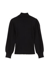 Fekete bordás garbós pulóver hosszú, puffos ujjakkal és testszabott fazonnal, amelynek az anyagán texturált mintázat található.