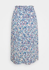 White midi skirt with blue, red, and green floral print, featuring a gathered elastic waistband with small ruffle detail.