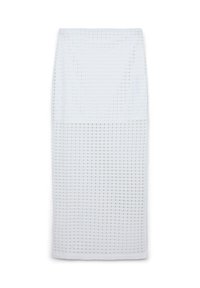Gonna bianca a matita con un motivo a reticolo, realizzata in un tessuto leggero e semi-trasparente. Silhouette dritta che termina a metà polpaccio.