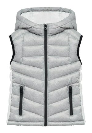 Graue gesteppte Weste mit Kapuze, ausgestattet mit einem Frontreißverschluss, zwei Reißverschlusstaschen und schwarzen Akzenten an den Ärmeln. Strukturierter Stoff.