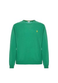 Maglione verde a girocollo realizzato in materiale morbido; presenta polsini e orlo a coste, con un piccolo logo giallo sul lato sinistro del petto.