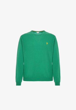 Maglione verde a girocollo realizzato in materiale morbido; presenta polsini e orlo a coste, con un piccolo logo giallo sul lato sinistro del petto.