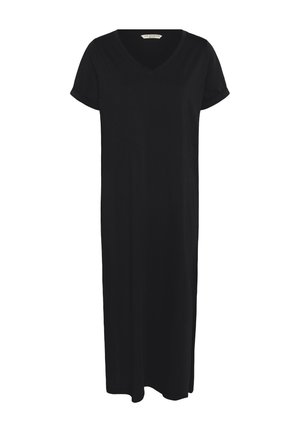 Robe longue noire à manches courtes avec col en V et coupe décontractée, confectionnée dans un tissu léger pour un usage quotidien.