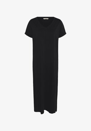 Robe longue noire à manches courtes avec col en V et coupe décontractée, confectionnée dans un tissu léger pour un usage quotidien.