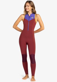 Wetsuit featuring maroon neoprene with purple and yellow accents, front zipper, and knee patches for added durability. Form-fitting design.