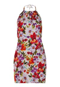 Blumenkleid mit Halsbinde aus leichtem Stoff, das ein mehrfarbiges Blumenmuster auf einem hellen Hintergrund zeigt. Zum Binden am Hals.