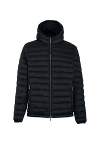 Giacca a puffo nera con texture trapuntata, cappuccio, zip intera e due tasche laterali. Materiale leggero e resistente all'acqua.