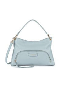 Borsa a mano in pelle blu chiaro con design curvo, dotata di una tasca frontale con zip dorata e una tracolla removibile. Accenti in hardware dorato.