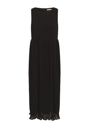 Sort ærmeløs maxikjole med plisseret tekstur, rund halsudskæring og en flydende silhuet. Har en diskret lynlås i ryggen til lukning.