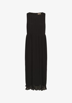 Crna maksi haljina bez rukava s plisiranim teksturom, okruglim izrezom i lepršavim siluetom. Ima diskretan stražnji zatvarač za zatvaranje.