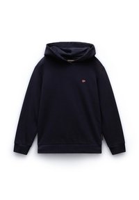 Marineblauwe hoodie gemaakt van zachte stof, met een kangoeroe-pocket, geribde manchetten en een klein logo-opdruk op de borst.