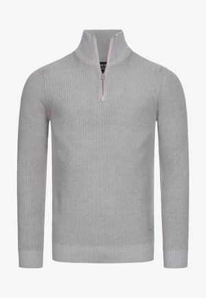 Hellgrauer gestrickter Halbzip-Pullover mit hohem Kragen, gerippter Textur und langen Ärmeln. Mit einem Reißverschluss in passender Farbe.