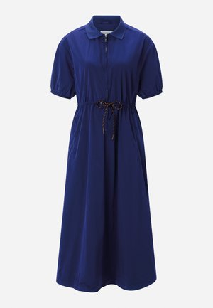 Tengerészkék midi ruha rövid fodros ujjakkal, elülső cipzárral, galléros nyakkivágással és állítható húzózsinóros derékrésszel.