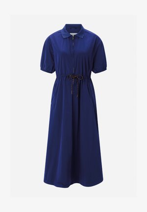 Midi haljina tamnoplave boje s kratkim rukavima na nabor, patentnim zatvaračem sprijeda, ovratnikom i podesivim užetom u struku.