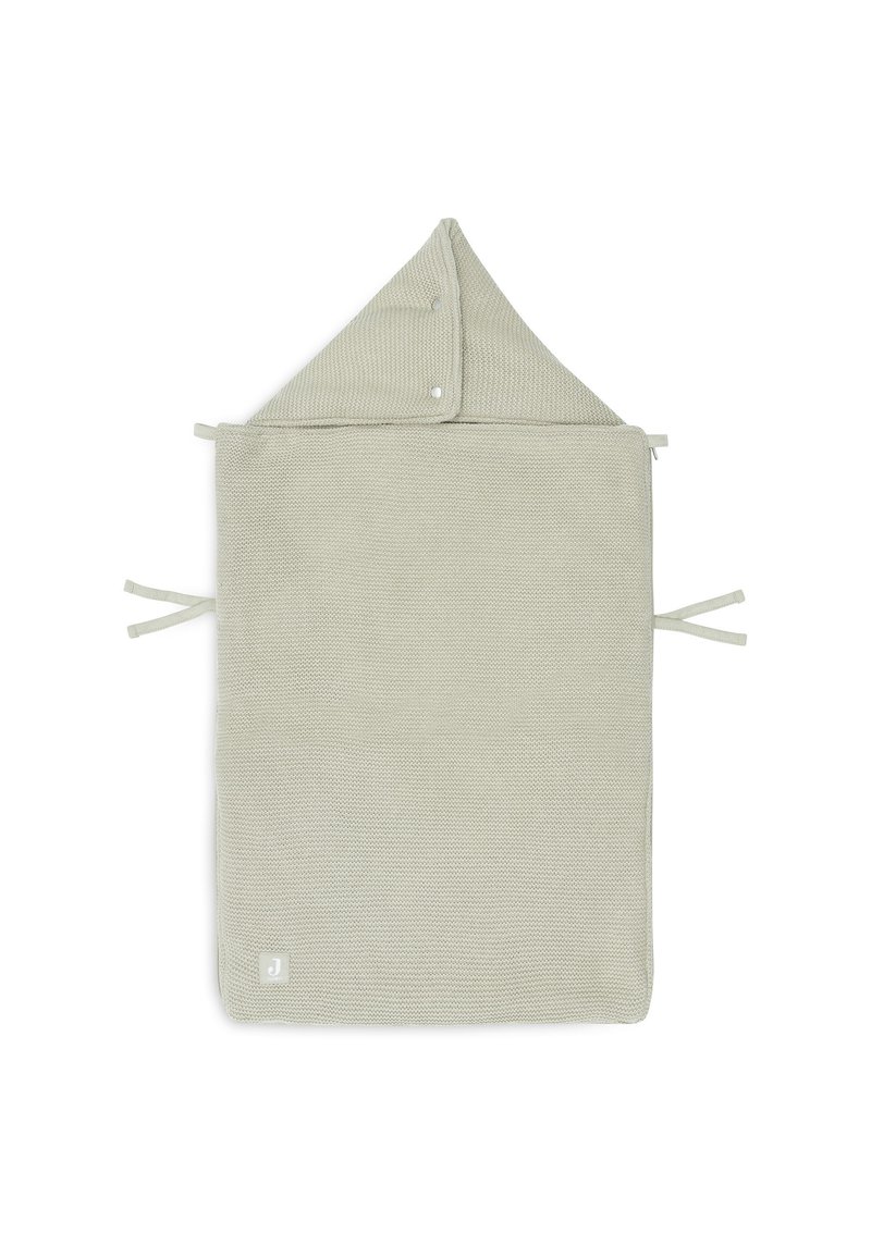Katoenen capuchonhanddoek in lichtgrijs, met een textuurweave, een driehoekige capuchon, drukknoopsluiting en twee strikken aan de zijkanten voor een veilige omslag.