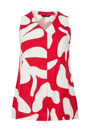 Mouwloos V-hals top met gedurfd rood-wit abstract bladpatroon, rechte snit en een detail van de naad middenvoor.